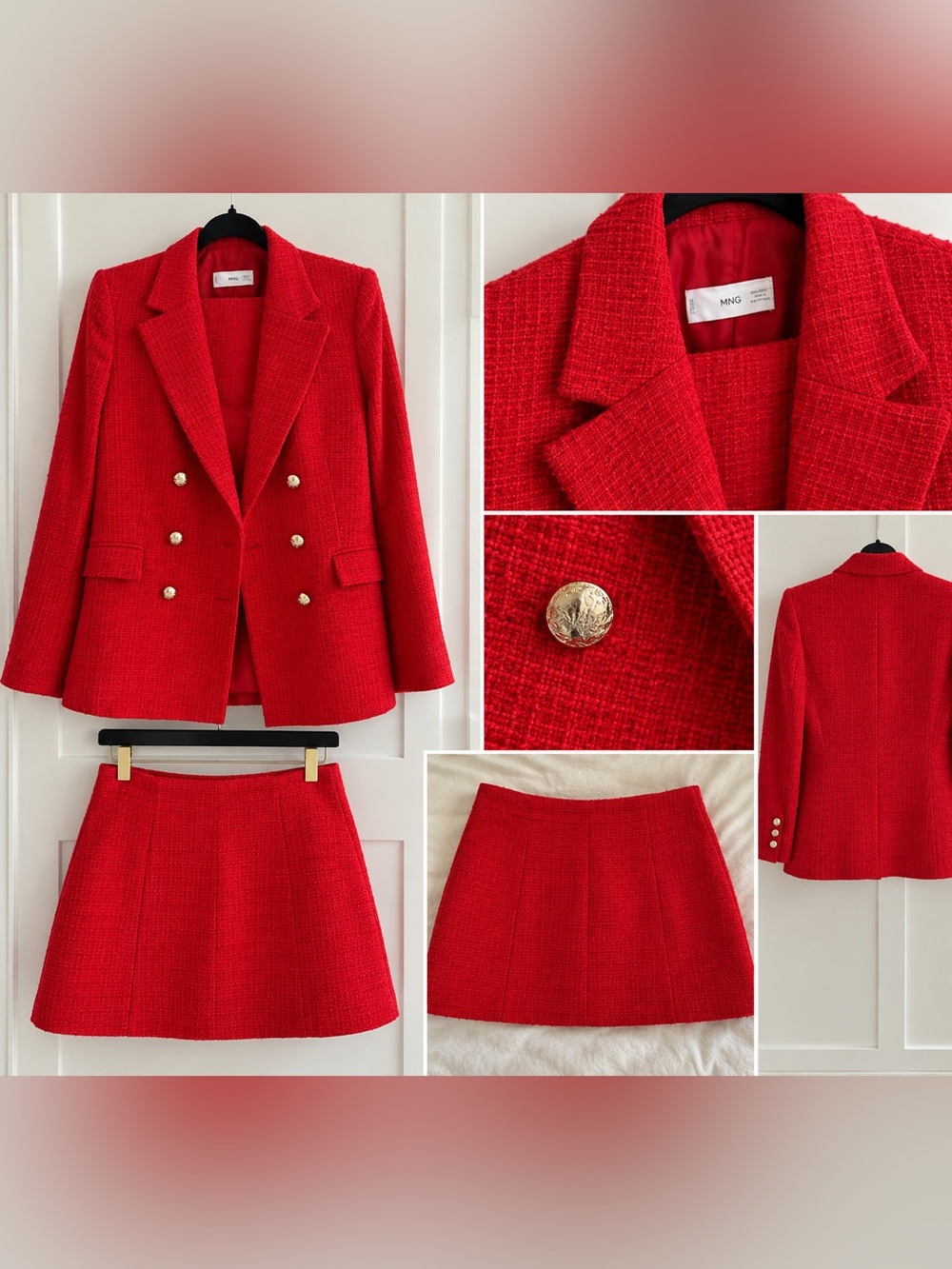 Mango Bright Red Tweed Double-Breasted Blazer and Mini Skirt